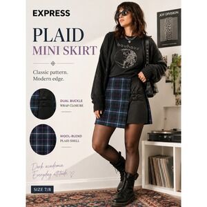 Express Worldbrand Vintage Plaid Mini Skirt Blue Green Buckle‎ Wrap Utility Wool